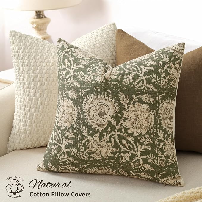 Vintage Floral Print Throw Pillow Covers 26x26 Set of 2 Neutral Modern Farmhouse Accent Decorative Cushion Covers Boho Home Decor for Couch Sofa Chair Bed Living Room, Olive Green