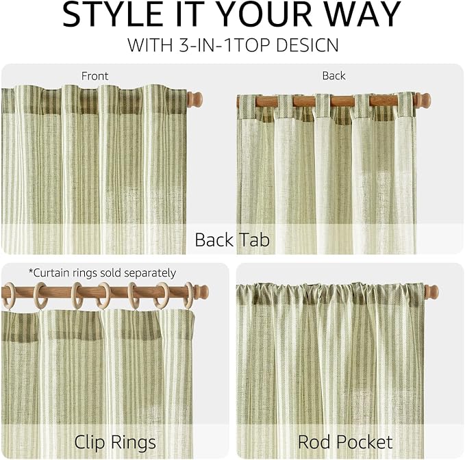 jinchan Linen Curtains 96 Inch Sage Green Stripe on Beige Back Tab 2 Panels | Curtains For Living Room Bedroom,Ticking Stripe, Farmhouse Cottage Core Rustic,Rod Pocket Window Treatment,Light Filtering