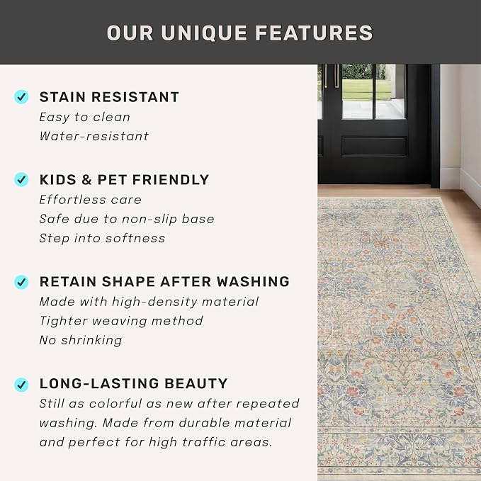 8x10 Washable Rug for Living Room - Stain Resistant Dining Room Rugs for Under Table, Soft Low Pile Large Carpet for Bedroom - Vintage Floral Non-Slip (8x10 Beige Blue)