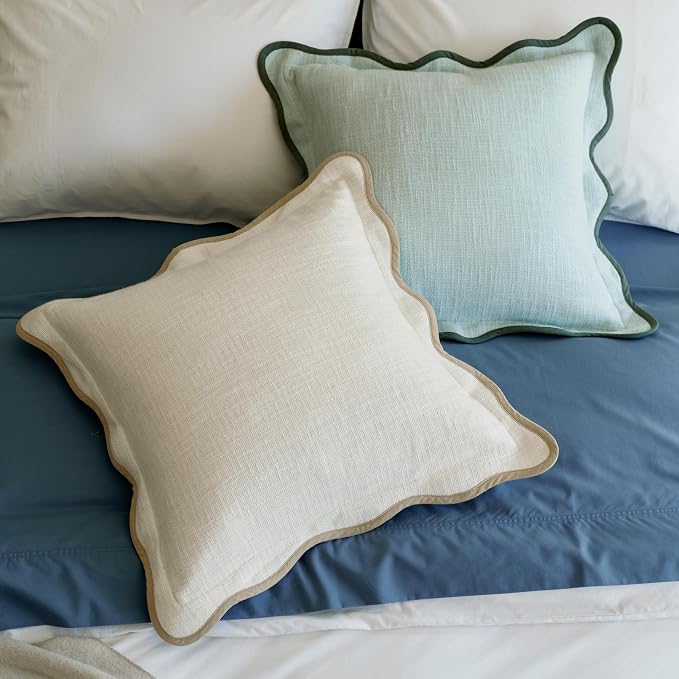 Double Stitch Scalloped Throw Pillow Covers - 100% Cotton Set of 2 Decorative Boho Pillow Covers 18 x 18, Made in India, Square Cushion Case, Modern Home Decor for Couch Sofa Living Room, Cream