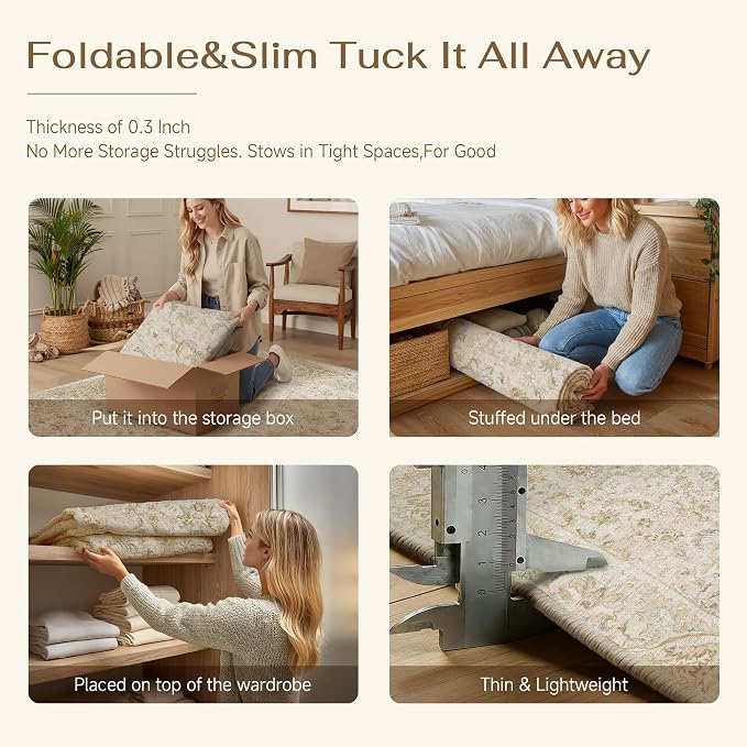5x7 Beige Washable Area Rug Non Slip Retro Distressed Carpet | Soft Low Pile, Lightweight Foldable, Pet Friendly, Living Room, Bedroom, Dining Room, Classroom, Playroom