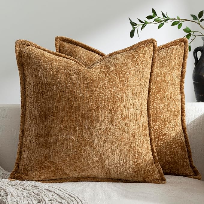 DEZENE Pack of 2 Golden Brown Euro Shams Pillow Covers 26x26 Cozy Soft Chenille Decorative Throw Pillow Covers Accent Vintage Square Couch Pillow Covers for Home Decor Bed Sofa Living Room