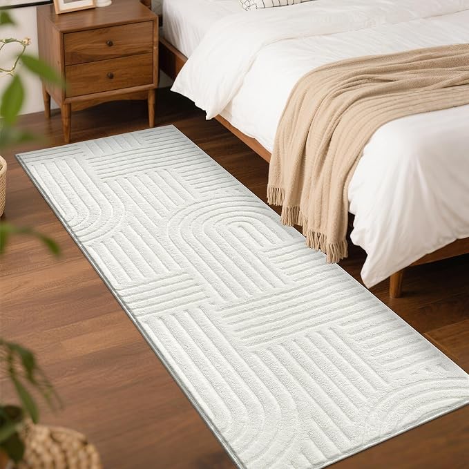 SHACOS Soft Cozy Fluffy Arch Pattern High Low Pile Runner Rugs 2'x8' Non Slip Washable Scandi Minimalist Area Rug Runner Modern Carpet for Living Room Bedroom Bathroom Hallway Kitchen, Cream White