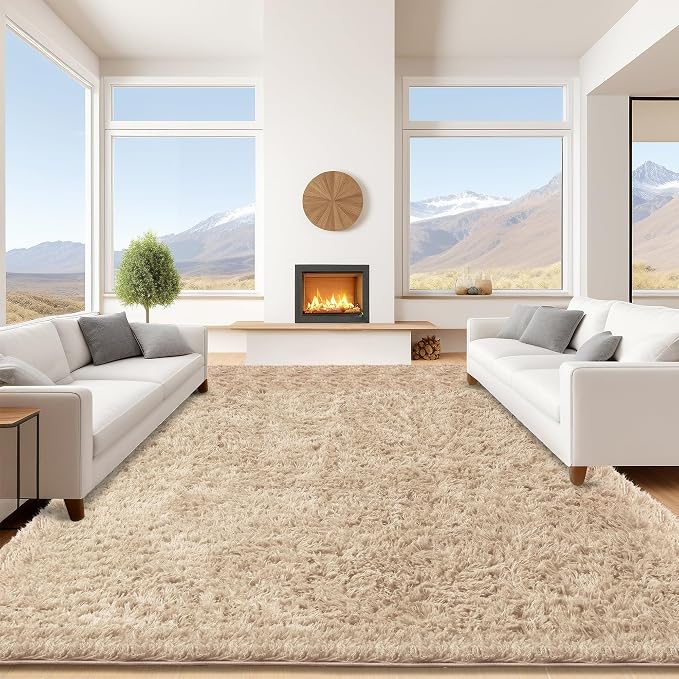 9x12 Beige Fluffy Shag Area Rugs for Living Room Bedroom Nursery | Ultra Soft Comfy, Large Fuzzy Shaggy Plush Carpet for Kids Boys Girls Teen Dorm, Modern Indoor Home Decor, Upgrade Non-Slip
