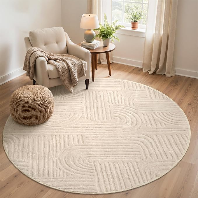 GENIMO Soft Round Rug 6ft, 3D Modern Arch Pattern Washable Area Rugs, High-Low Pile Non Slip Fuzzy Circle Living Room Rug, Non-Shedding Stain Resistant Beige Carpet for Bedroom, Dining Room, Nursery