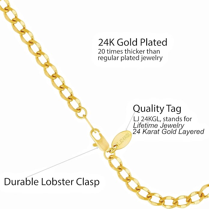 LIFETIME JEWELRY Womens Gold Anklet Diamond Cut Curb Link Ankle Bracelet 24k Gold Plated