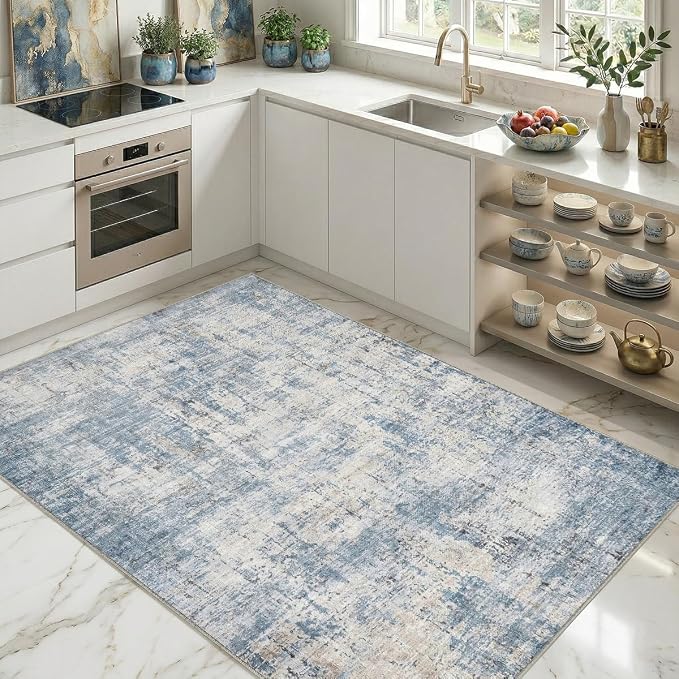 4x6 Area Rugs Washable Living Room Rug-No Slip Soft Carpets Modern Abstract Coastal Indoor Floor Stain Resistant Carpet for Bedroom Dining Room Farmhouse Nursery Home Office Blue