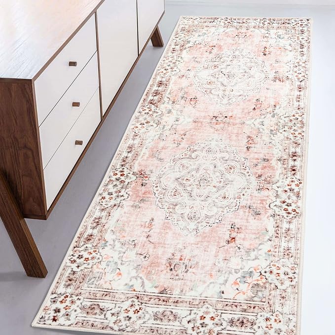 MUJOO Pink Runner Rug Washable 2x6 Area Rugs Non Slip Low-Pile Flowers | Long Throw Carpet for Hallways Entryway Kitchen Bathroom Bedside Bedroom Laundry Boho Soft Indoor Retro Floral Light Blush