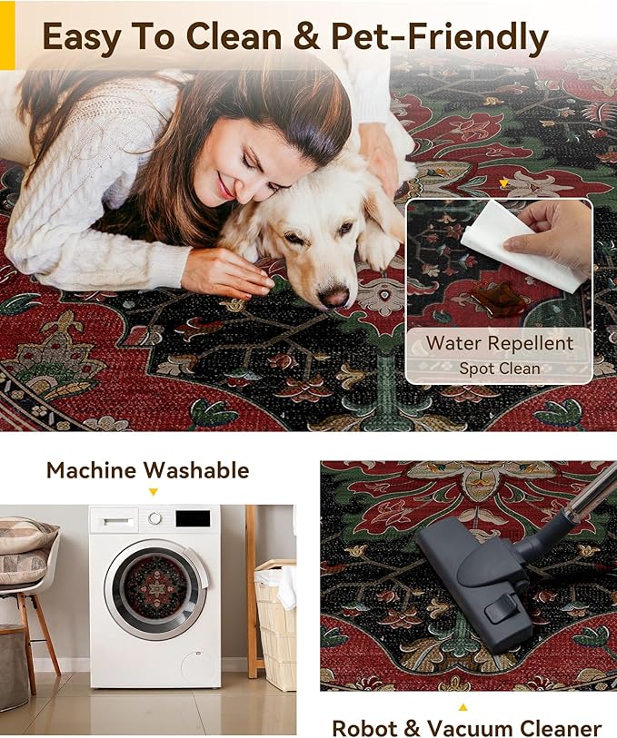 RELEANY Area Rugs Round 5ft Washable Non-Slip, Floral Vintage Distress Medallion Carpet for Living Room Bedroom Dining Room, Red Black