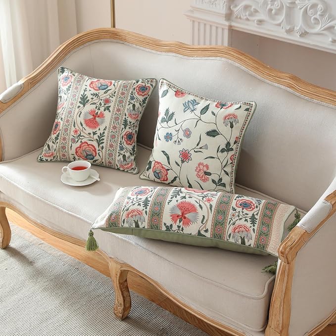 ISAENNE Designer Elegant Linen Throw Pillow Cover,Set of 4-Daffy Set | French Cottage Pillow Cover,Concealed Zipper,Floral Pattern,Sofas,Bedroom,Living Room,Lounge Chairs,All Season Home Decor