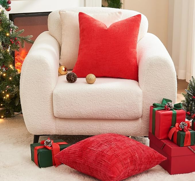 Pack of 4 Christmas Red Pillow Covers 22x22 Inch Chenille Throw Pillow Covers Solid Decorative Soft Xmas Cushion Covers Home Boho Textured Decor for Couch Sofa Bed Living Room
