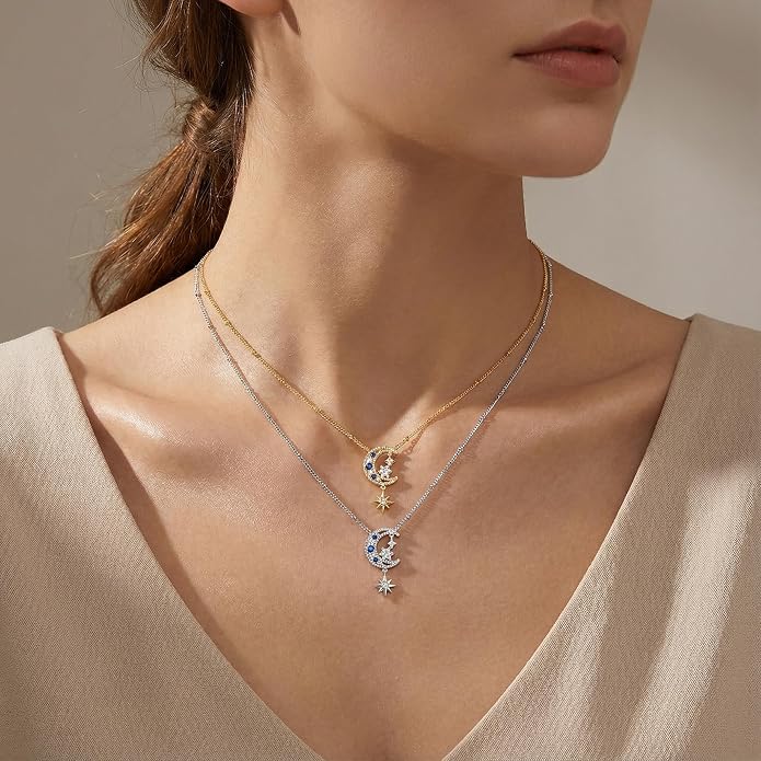 Miss mimi CZ Pendant Necklace, Golden Yellow Princess Cut or Crescent Moon, 18K Gold Plated, Adjustable 16” or 18 + 2”in Chain, Celestial & November Birthstone Citrine Style
