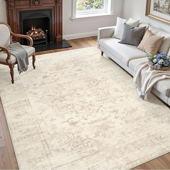 6x9 Area Rugs for Living Room: Vintage Boho Neutral Washable Rug Indoor Soft Large Area Rug Carpet for Bedroom Nursery Farmhouse Dining Room Office Floor Non-Slip Low Pile Under Table Rug Beige/Brown