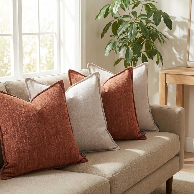 18x18 Inches Throw Pillow Covers Set of 4 Soft Textured Chenille Decorative Cushion Cases for Couch Sofa Bed Modern Farmhouse Neutral Accent Covers with Hidden Zipper Beige Orange