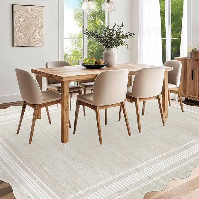 Garvee Scalloped Modern Abstract Rug 5x7 Washable Rug for Bedroom, Non-Slip Non-Shedding Soft Living Room Rug, Minimalist Scalloped Low-Pile Throw Carpet for Dining Room Home Office, Beige | Rugs for Living Room, Non-Slip Soft Carpet for Bedroom, Scall...