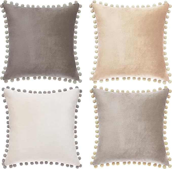 MONDAY MOOSE Decorative Throw Pillow Covers Cushion Cases, Set of 4 Soft Velvet Pom Poms Double-Sided Designs, Pillow Inserts Not Included (16x16 inch, Stone Gray/Beige Cream)