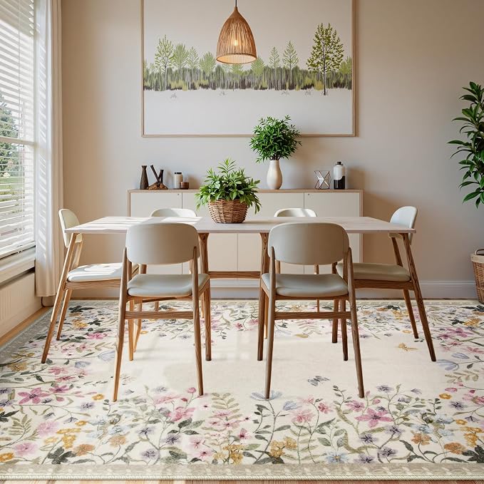 Wonnitar 6x9 Washable Area Rug, Boho Floral Rug for Living Room, Soft Rug for Bedroom, Non Slip Low Pile Nursery Carpet, Beige Farmhouse Dining Room Decor (6x9 Beige)