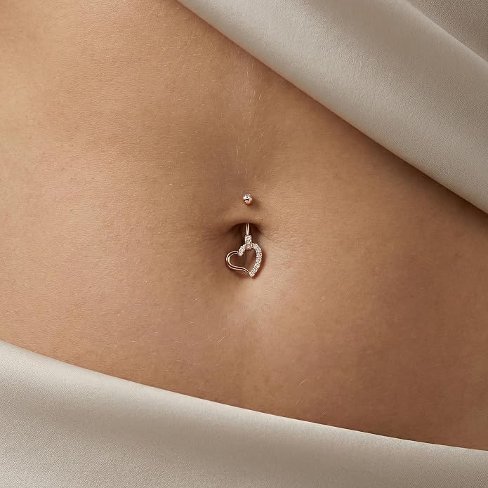 AFFY Women's Heart Charm Belly Ring with Round White Cubic Zirconia in 14K Gold Plated 925 Sterling Silver, Dangle Navel Piercing Jewelry for Her