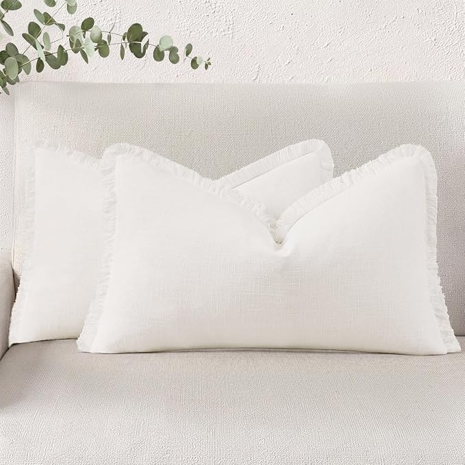 decorUhome Linen Fringe Cream White Throw Pillow Covers 12x20 Set of 2 | Decorative Soft Accent Modern Boho Farmhouse Lumbar Cushion Covers with Tassels Cotton Pillow Covers for Couch Bed Sofa