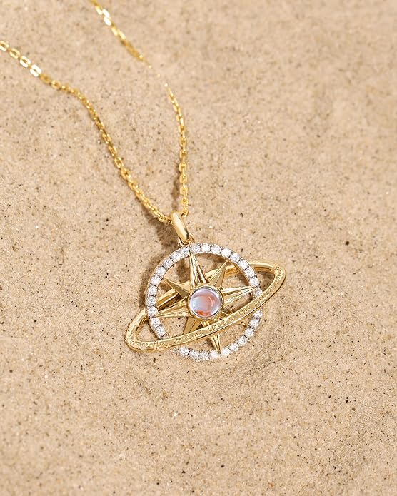 FANCIME Stellar Promise Birthstone Necklace for Women White Gold Plated Sterling Silver Planet Star Pendant Fine Jewelry Anniversary Birthday Mothers Day Gifts for Women Wife Friend Her