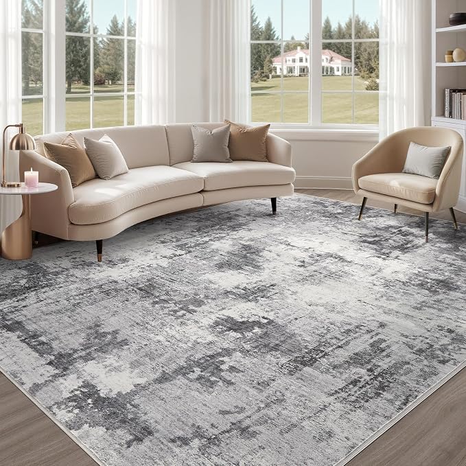 Abstract 10x14 Area Rug: Machine Washable Non Slip Ultra Thin Low-Pile Carpet, Soft Stain Resistant for Living Dining Room Bedroom, Kid Pet Friendly, Robot Vacuum Compatible - Grey