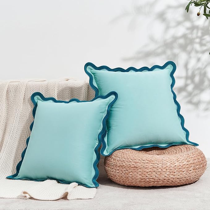 MONDAY MOOSE Decorative Throw Pillow Covers Cushion Cases, Set of 2 Soft Velvet Scalloped Wavy Edge Designs, Mix and Match for Home Decor, Pillow Inserts Not Included (20x20 inch, Blue/Light Blue)