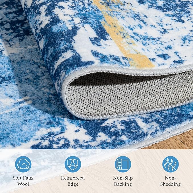 Rugflix 5x7 Area Rugs for Living Room, Washable Large Rug Stain-Resistant Low Pile, Modern Carpet for Dining Room Home Office Kid Room Nursery Bedroom, Blue Gold