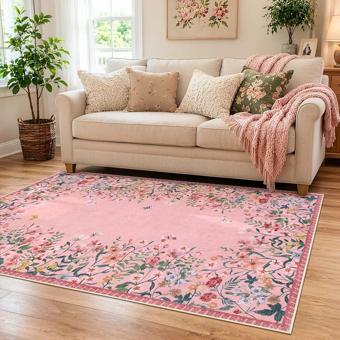 Wonnitar 4x6 Washable Area Rug, Pink Rug for Girls Bedroom, Boho Floral Nursery Rug, Non Slip Accent Carpet for Kids Room, Farmhouse Flower Dorm Vanity Indoor Decor (4x6 Pink)