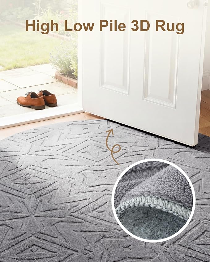 Carvapet 6.5' Round Rug Washable High Low Pile Area Rug Soft Plush Carpet for Living Room Bedroom Non Slip Indoor Floor Rug for Home Kids Nursery Decor