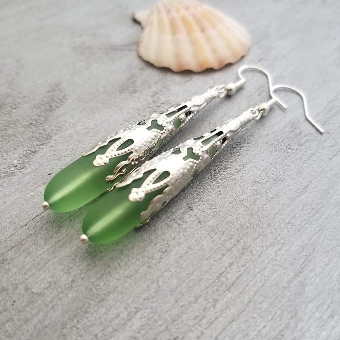 Handmade Sea Glass Earrings, Hawaiian Jewelry for Women, Long Teardrop Earrings Beach Jewelry, Sea Glass Jewelry For Women Birthday Gift For Her