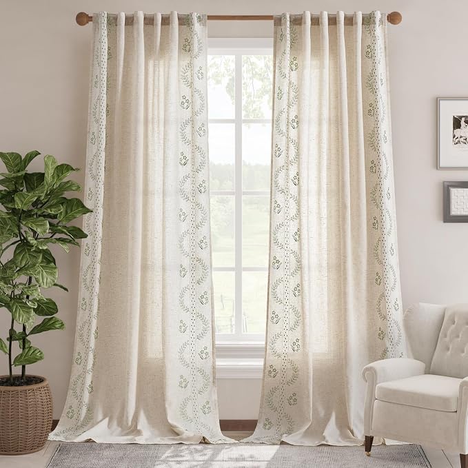 jinchan Floral Linen Curtains 108 Inch Back Tab 2 Panels Sage Green | Embroidered curtains,boho curtains,living room,bedroom,light filtering,privacy,flower patterned drapes,window treatment
