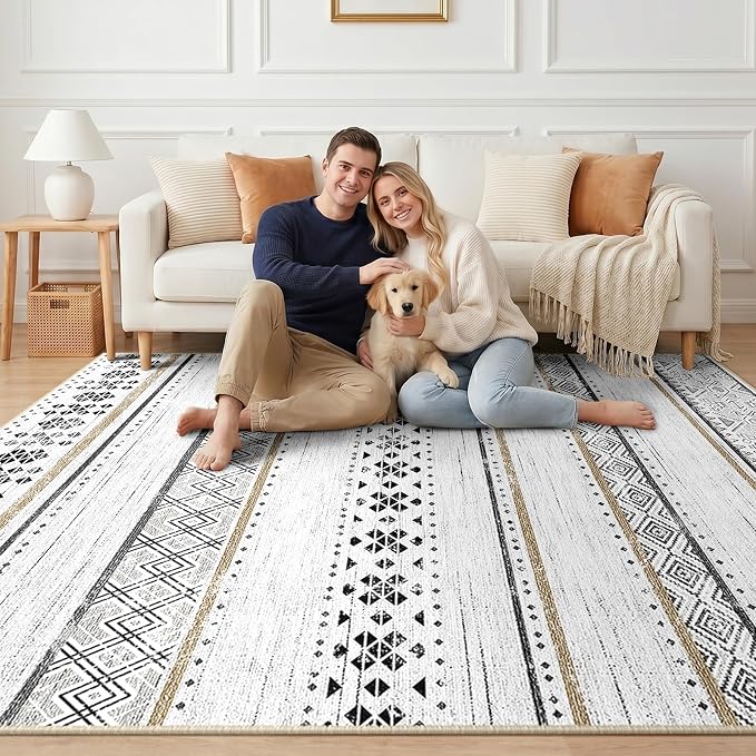 BESTSWEETIE 6x9 Area Rugs for Living Room Washable Moroccan Farmhouse Neutral Geometric Low Pile Non-Slip Soft Print Pattern Rug for Bedroom Kitchen Dining Room Entryway Black/Brown