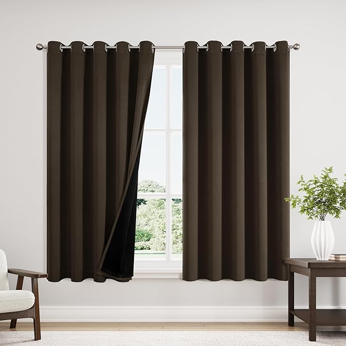 ChrisDowa 100% Blackout Curtains for Bedroom 63 Inches Long 2 Panels Set | 2 Thick Layers, Thermal Insulated, Light Blocking, Grommet, Window Treatment, Living Room Drapes, Brown, 60 x 63 Inch