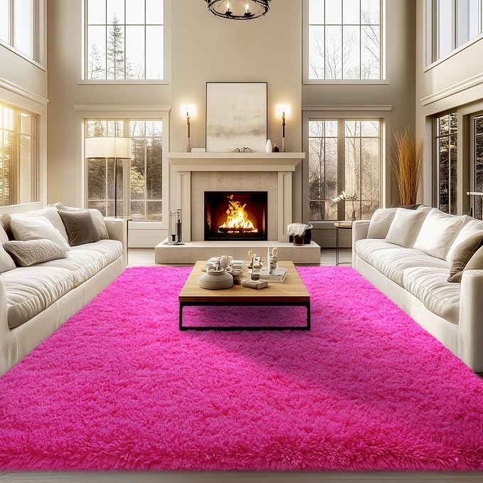 qulint 9x12 Area Rug for Living Room, Fluffy Hot Pink Rug for Bedroom Girls | Shag Shaggy Large Carpet for Kid Room, Fuzzy Plush Modern Alfombra for Office Classroom Dorm Home Decor