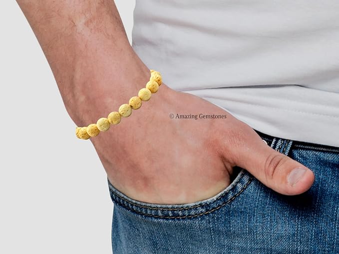 Amazing Gemstone Cream Lava Bracelet, Gifts for Men & Women - Protection Healing Crystal Bracelet - 8mm Gemstone Beaded Adjustable Bracelet, Pulseras para Hombres Mujer Stocking Stuffers