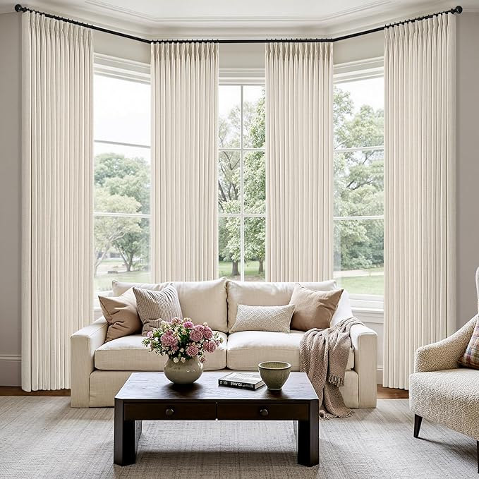 MIULEE Pinch Pleated Thick Linen Curtains 96 Inches 4 Panels Set Ivory Cream Back Tab Memory Trained Pinch Pleat Semi Sheer Light Filtering Privacy Curtains Window Drapes for Living Room Bedroom Birch