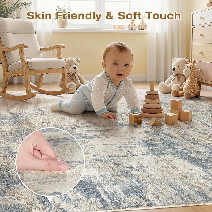 cotiled 5x7 Area Rugs Abstract Soft Non Slip Washable Living Room Rug | Stain Resistant, Robot Vacuum & Pet Friendly, Low-pile, For Living Room, Bedroom, Dining Table, Nursery Light Blue