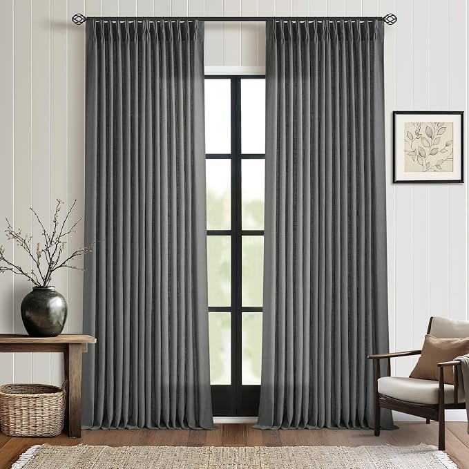 TWODRAPES Dark Gray Linen Pinch Pleated Light Filter Curtains 102 Inches Long 2 Panels