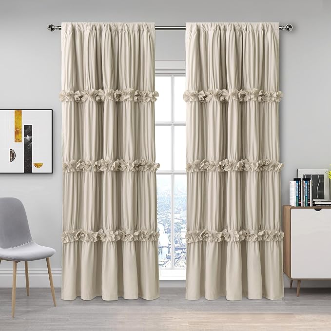 Homechoice Decor Camel Blackout Window Curtains, 52" W x 96" L x 2 Panels | Boho Ruched Thermal Insulated Window Treatments with 3 Rows of Butterfly Flowers, Rustic Rod Pocket Drapes for Room (LQ-30)