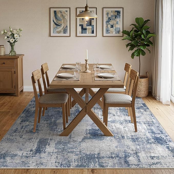 DMOYEST 5x7 Area Rug - Washable & Non Slip Indoor Rug for Living Room, Kid & Pet Friendly Abstract Low Pile Soft Carpet for Bedroom and Dining Room - Dark Blue