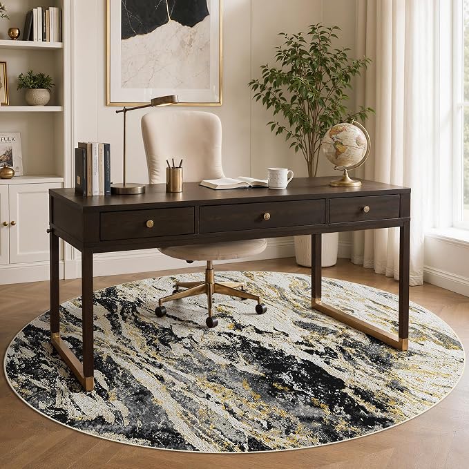 Area Rugs for Living Room: 10ft Round Abstract Washable Rug Modern Neutral Large Soft Stain Resistant Non-Slip for Bedroom Dining Room Indoor Home Office Carpet - Black Gold