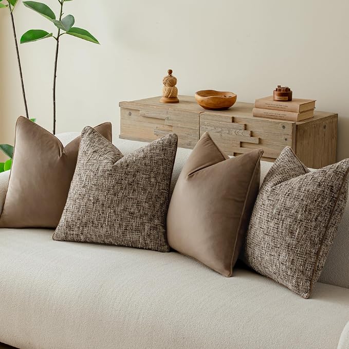 a moment Brown 4 Pack Throw Pillow Covers - Chenille & Velvet Set with Piping, Farmhouse Textured Design Pillow Cases for Couch Sofa Bed Livingroom (22x22 Inch, No Insert)