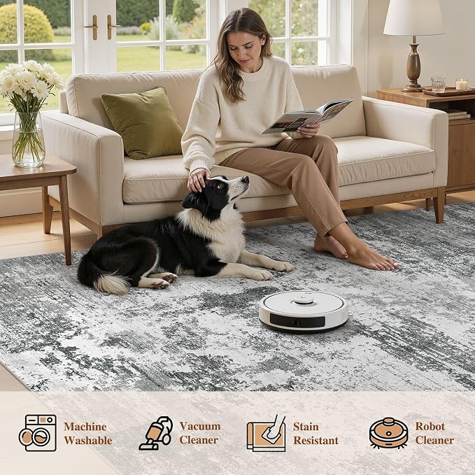 UERMEI 5x7 Area Rug for Living Room - Washable Neutral Modern Abstract Carpet, Non-Slip Soft Large Indoor Floor Rugs for Bedroom Home Office & Under Dining Table Decor, Grey Black