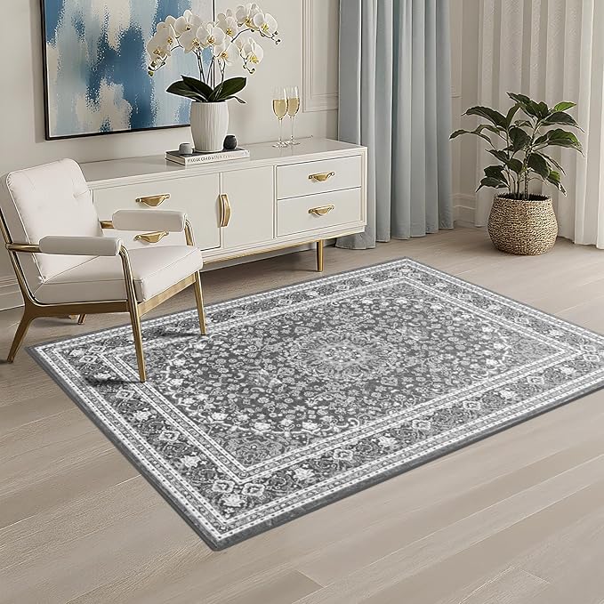 Lessymo 4 x 6 Area Rugs for Living Room- Machine Washable Area Rugs Boho Faux Wool Low Pile Area Rug for Bedroom Floral Medallion Vintage Rugs with Non-Slip Rubber, Grey White