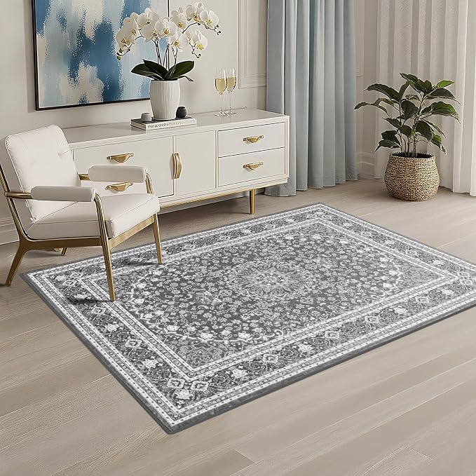 Lessymo 3 x 5 Area Rugs for Living Room- Machine Washable Area Rugs Boho Faux Wool Low Pile Area Rug for Bedroom Floral Medallion Vintage Rugs with Non-Slip Rubber, Kid & Pet Friendly,Grey White