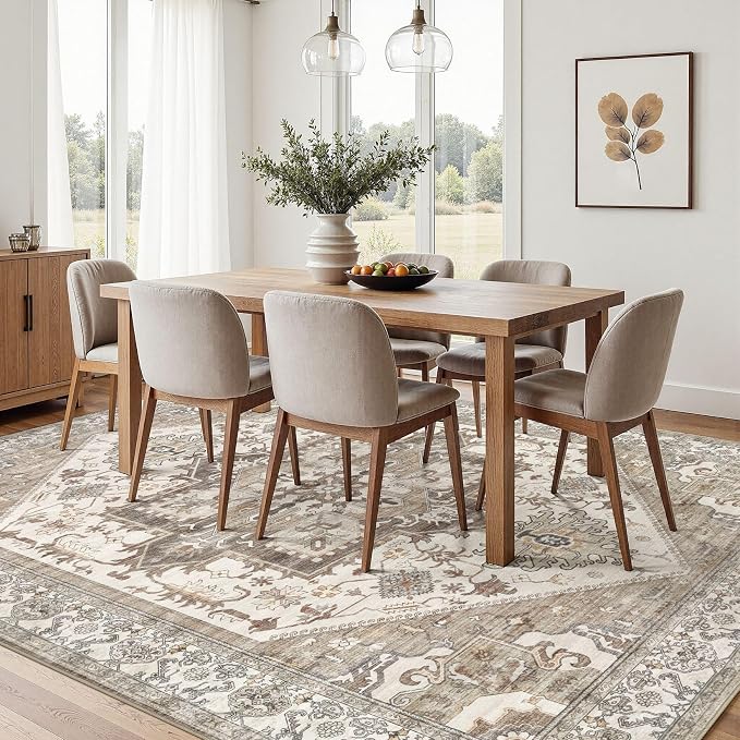 Area Rug for Living Room - 5x7 Washable Oriental Vintage Floral Large Soft Carpet - Fade Stain Resistant Non Slip Rugs for Bedroom Dining Room Nursery Dorm Office Home Decor - Beige Brown