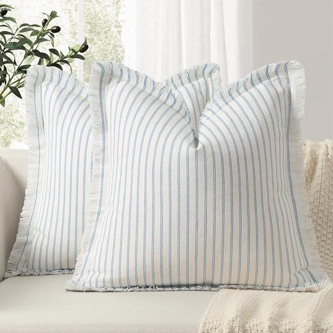 ZWJD Throw Pillow Covers 16x16 Set of 2 Striped Pillow Covers with Fringe Chic Cotton Decorative Pillows Square Cushion Covers for Sofa Couch Bed Living Room Farmhouse Decor, (Light Blue)