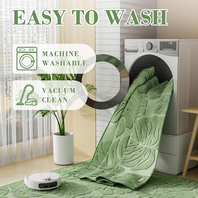 Sage Green Monstera Area Rug 6x9, High-Low Plush Pile Washable Rugs for Living Room Bedroom, Tropical Non Slip Nursery Carpet Soft Indoor Shag Rugs for Dining Room