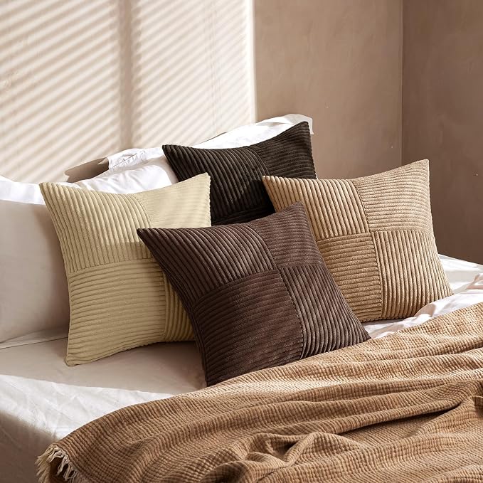 MIULEE Boho Decorative Throw Pillow Covers 20x20 Set of 4 Farmhouse Neutral Cushion Cases Gradient Corduroy Pillow Cases Modern Soft Corduroy Patchwork Home Decor for Couch Sofa Bedroom Dark Brown