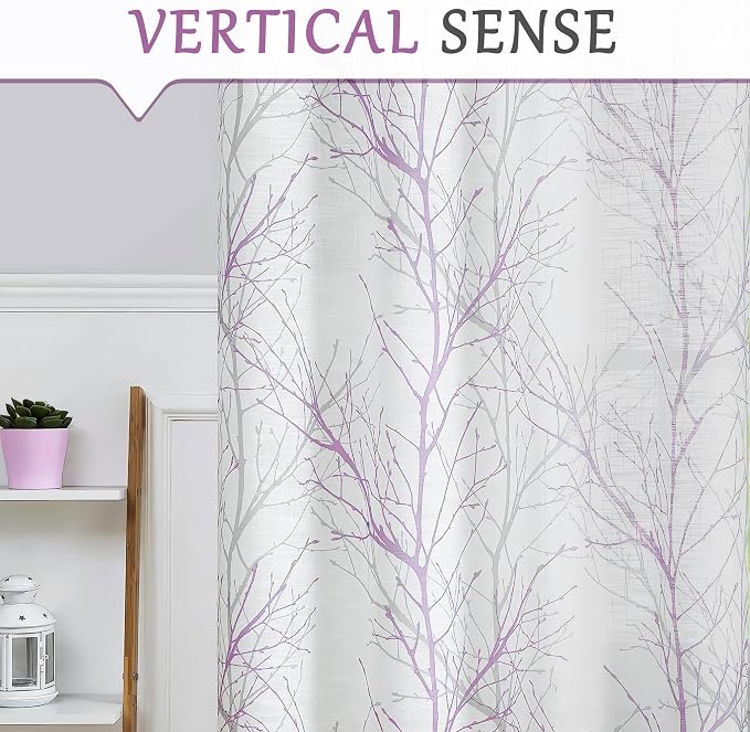 FMFUNCTEX Linen Lilac White Semi Sheer Print Curtains 96 Inch Long 2 Panels | Branch Sheer Patterned Drapes, Light Filtering Grommet Panels for Bedroom, Living Room, Basement, and Farmhouse Curtain